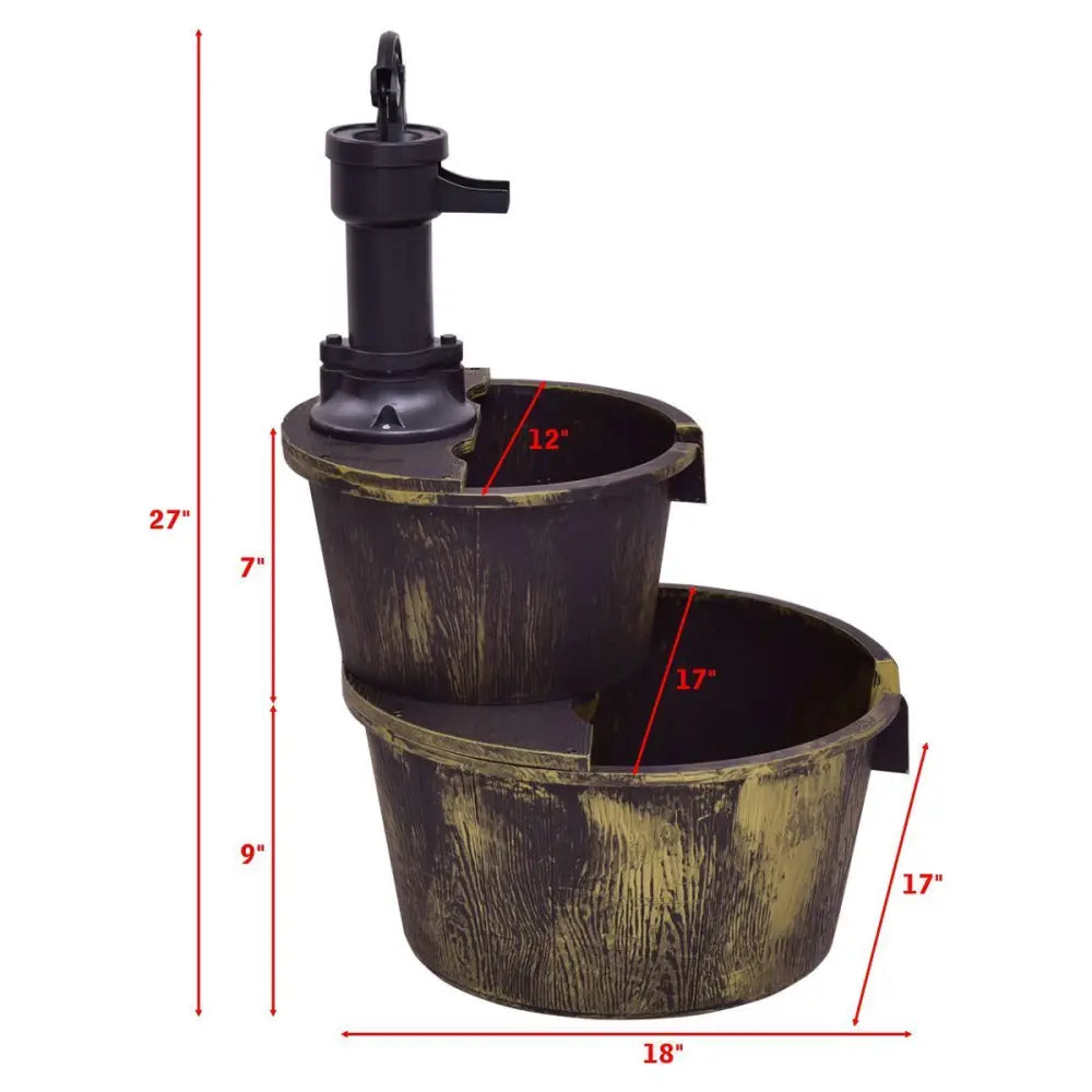 2 Tiers Outdoor Barrel Waterfall Fountain with Pump - Bronze - Outdoor Decor