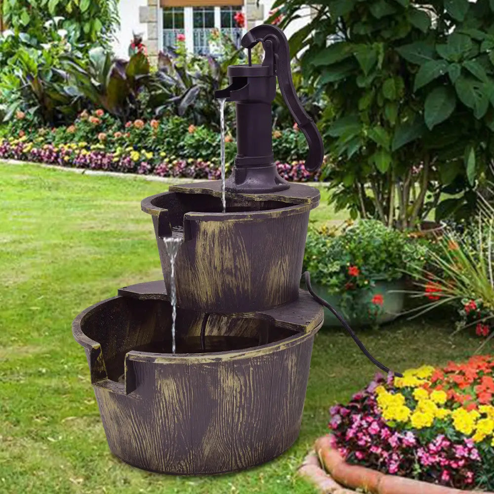2 Tiers Outdoor Barrel Waterfall Fountain with Pump - Bronze - Outdoor Decor