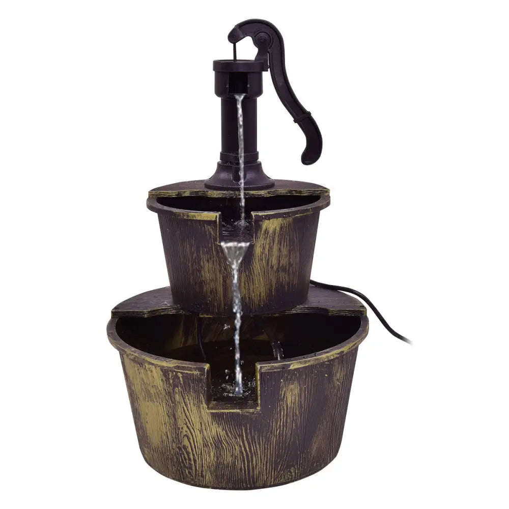 2 Tiers Outdoor Barrel Waterfall Fountain with Pump - Bronze - Outdoor Decor