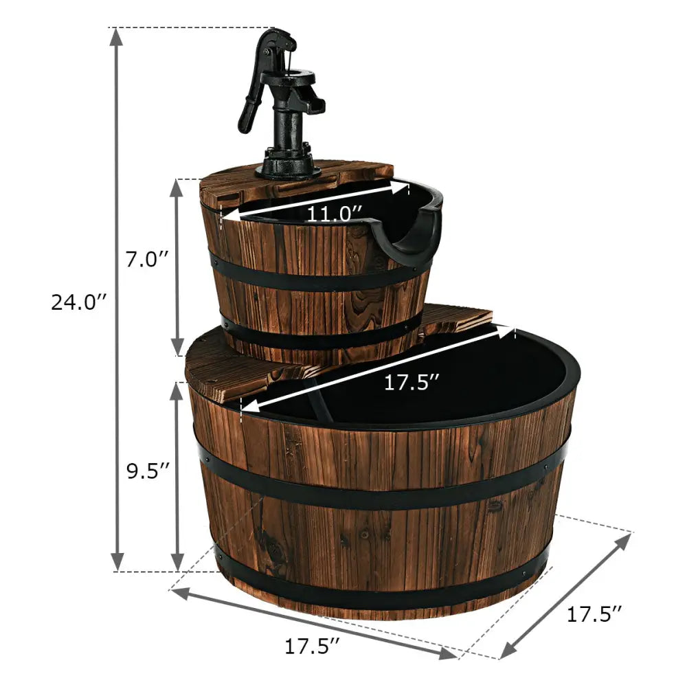 2-Tiers Outdoor Wooden Barrel Waterfall Fountain with Pump - Brown - Outdoor Decor