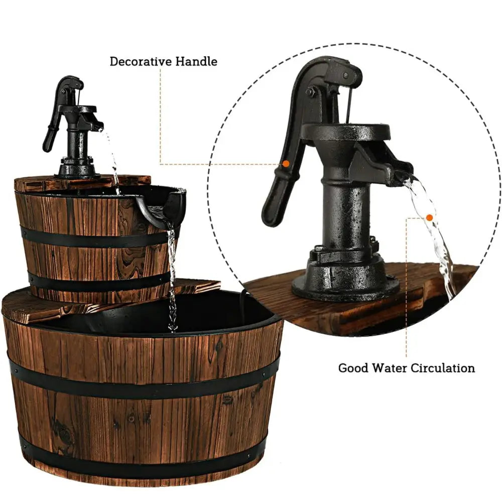 2-Tiers Outdoor Wooden Barrel Waterfall Fountain with Pump - Brown - Outdoor Decor