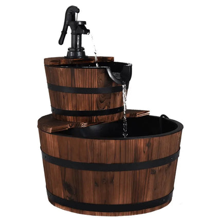 2-Tiers Outdoor Wooden Barrel Waterfall Fountain with Pump - Brown - Outdoor Decor