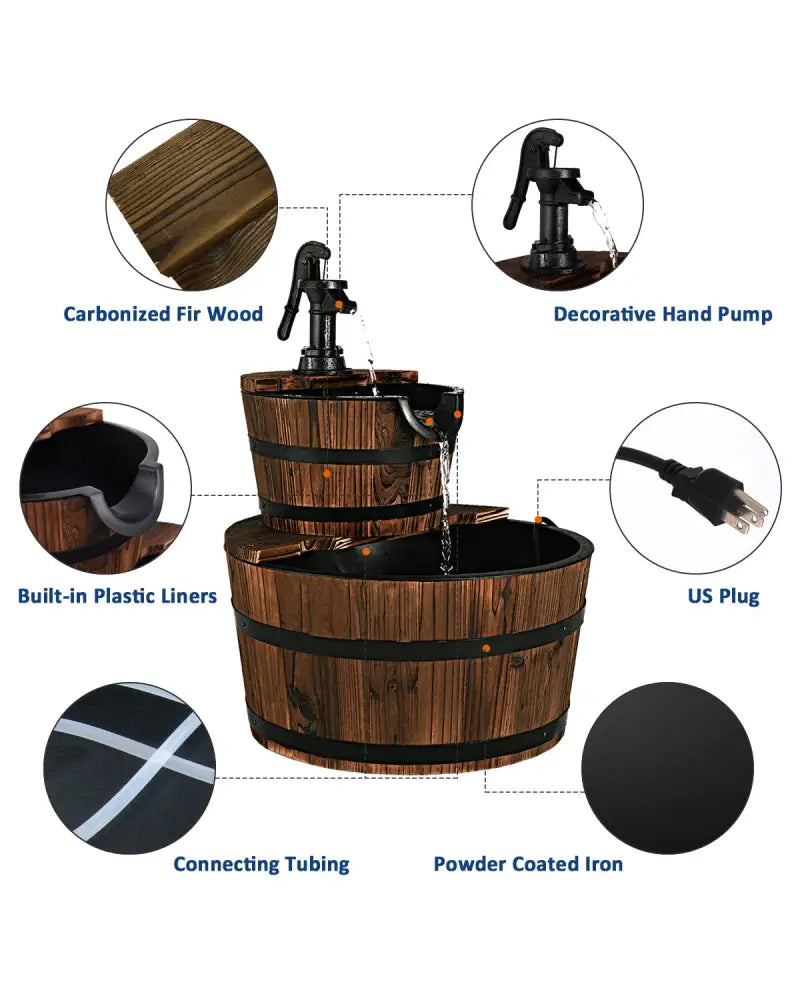 2-Tiers Outdoor Wooden Barrel Waterfall Fountain with Pump - Brown - Outdoor Decor