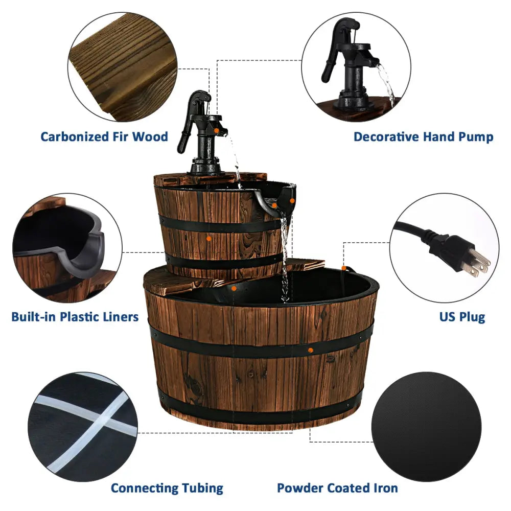 2-Tiers Outdoor Wooden Barrel Waterfall Fountain with Pump - Brown - Outdoor Decor