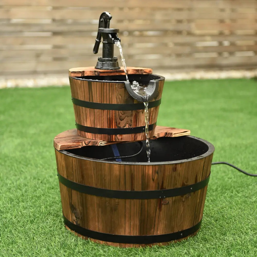 2-Tiers Outdoor Wooden Barrel Waterfall Fountain with Pump - Brown - Outdoor Decor