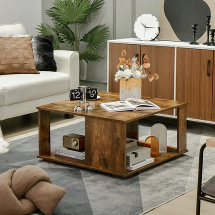 2 Tiers Square Coffee Table with Storage and Non-Slip Foot Pads-Rustic Brown Costway