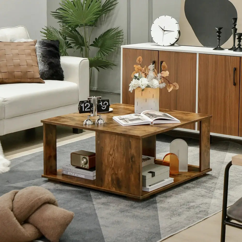 2 Tiers Square Coffee Table with Storage and Non-Slip Foot Pads-Rustic Brown Costway