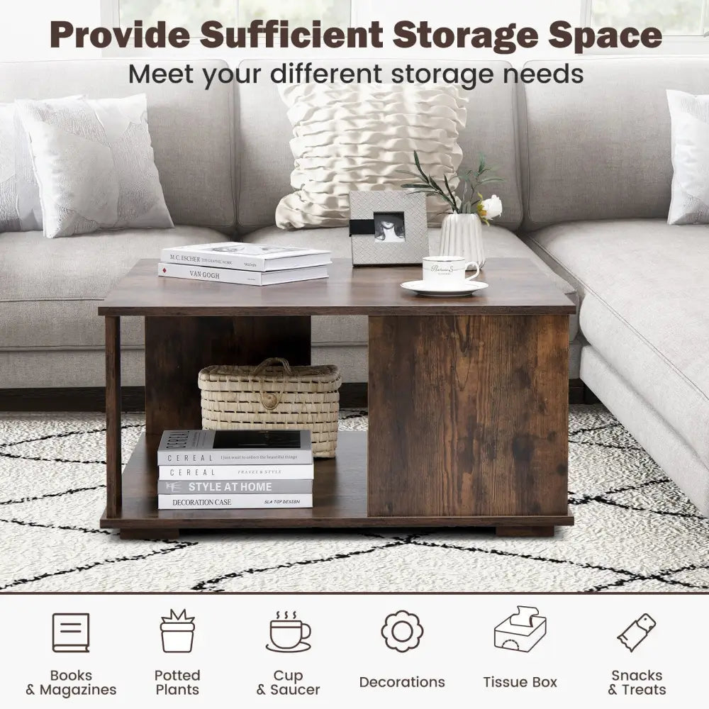 2 Tiers Square Coffee Table with Storage and Non-Slip Foot Pads-Rustic Brown Costway