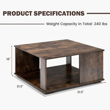 2 Tiers Square Coffee Table with Storage and Non-Slip Foot Pads-Rustic Brown Costway