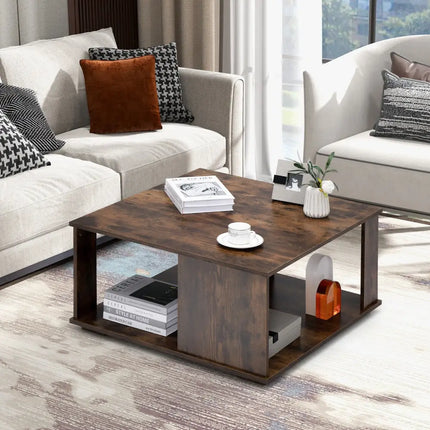 2 Tiers Square Coffee Table with Storage and Non-Slip Foot Pads-Rustic Brown Costway