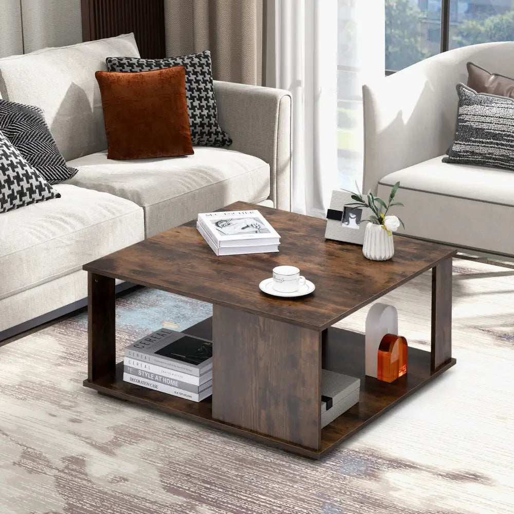 2 Tiers Square Coffee Table with Storage and Non-Slip Foot Pads-Rustic Brown Costway