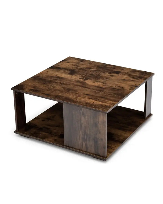 2 Tiers Square Coffee Table with Storage and Non-Slip Foot Pads-Rustic Brown - Rustic Brown - Coffee Tables