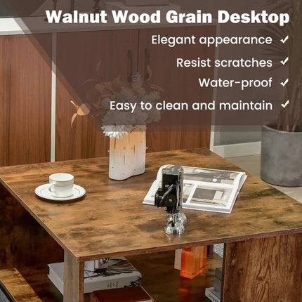 2 Tiers Square Coffee Table with Storage and Non-Slip Foot Pads-Rustic Brown Costway