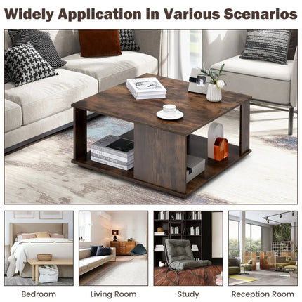 2 Tiers Square Coffee Table with Storage and Non-Slip Foot Pads-Rustic Brown Costway
