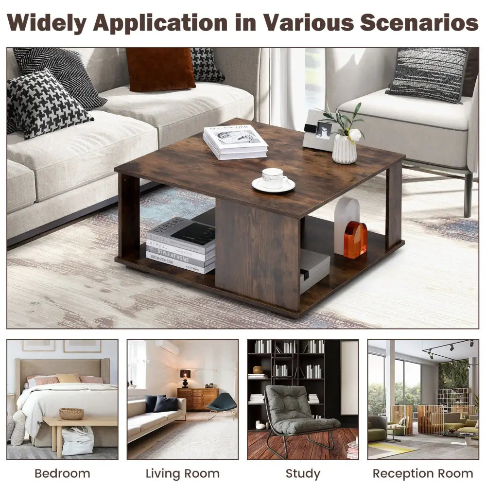 2 Tiers Square Coffee Table with Storage and Non-Slip Foot Pads-Rustic Brown Costway