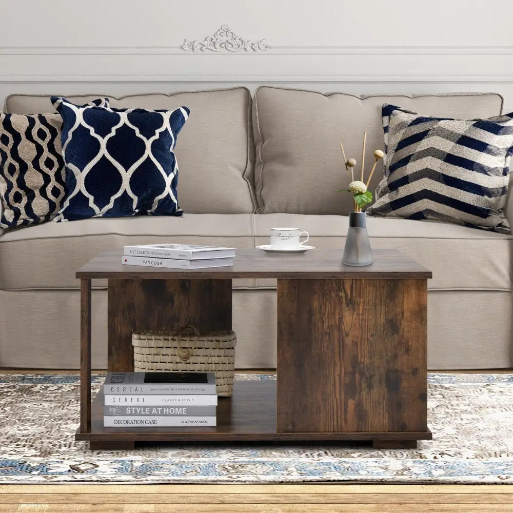 2 Tiers Square Coffee Table with Storage and Non-Slip Foot Pads-Rustic Brown Costway