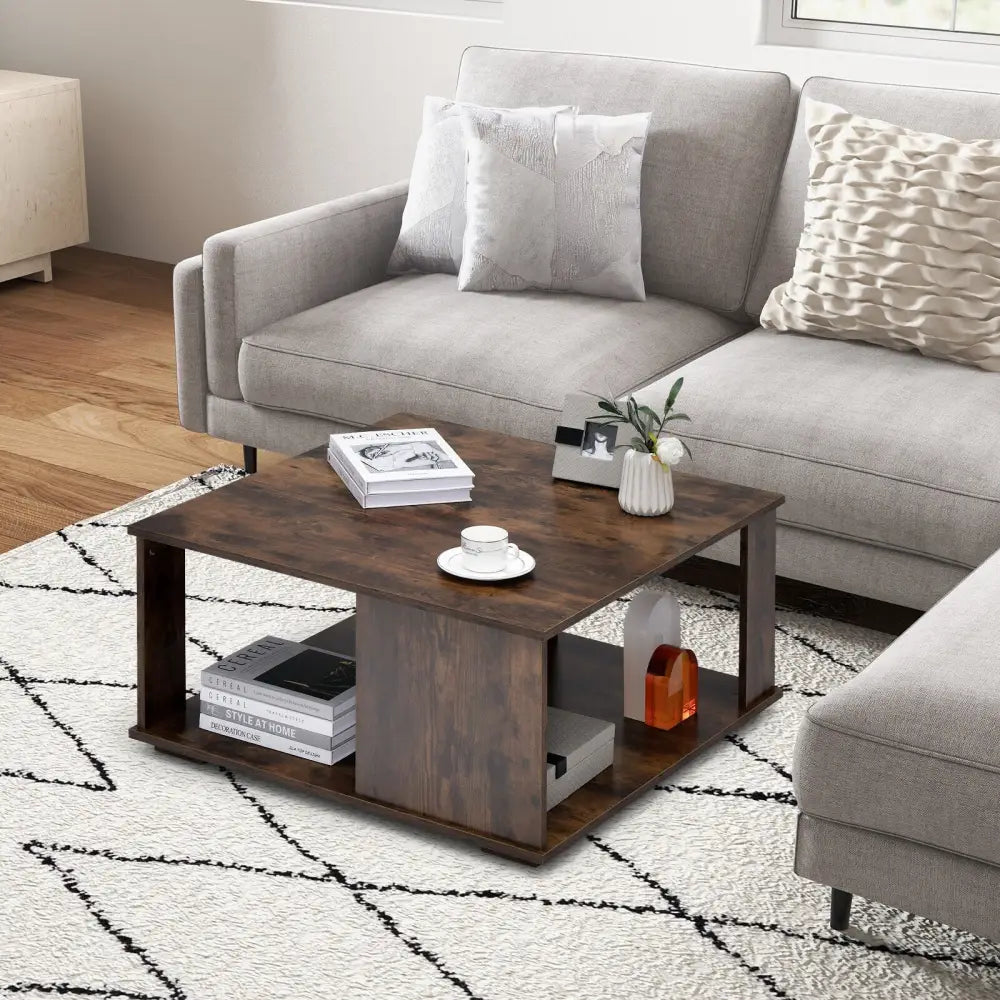 2 Tiers Square Coffee Table with Storage and Non-Slip Foot Pads-Rustic Brown Costway