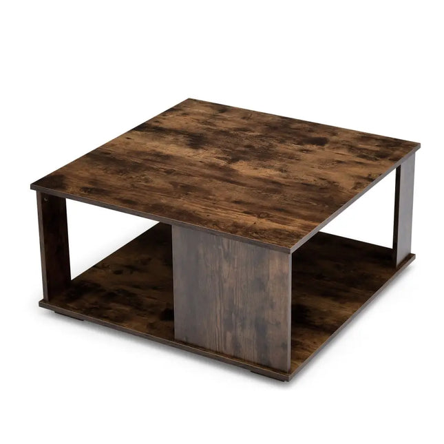 2 Tiers Square Coffee Table with Storage and Non-Slip Foot Pads-Rustic Brown Costway