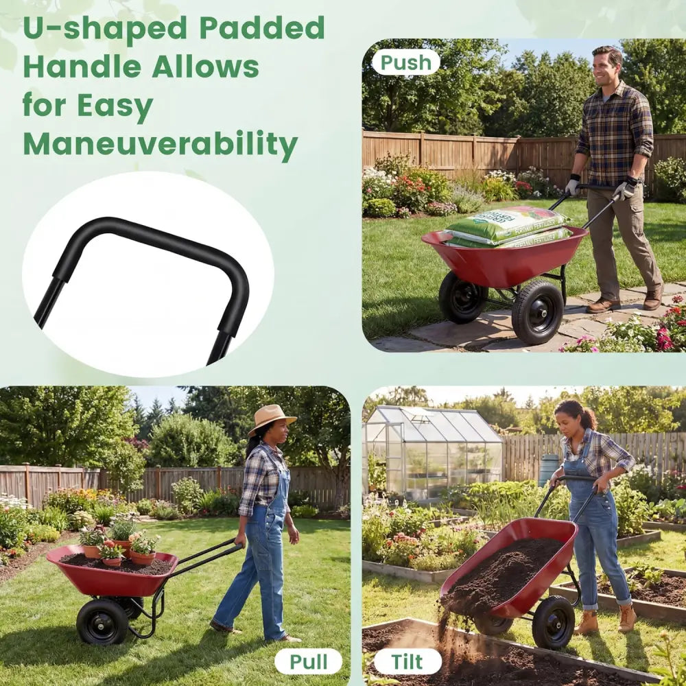 2 Tire Heavy-duty Dolly Utility Cart Wheelbarrow Garden Cart-Red - Red - Garden Carts