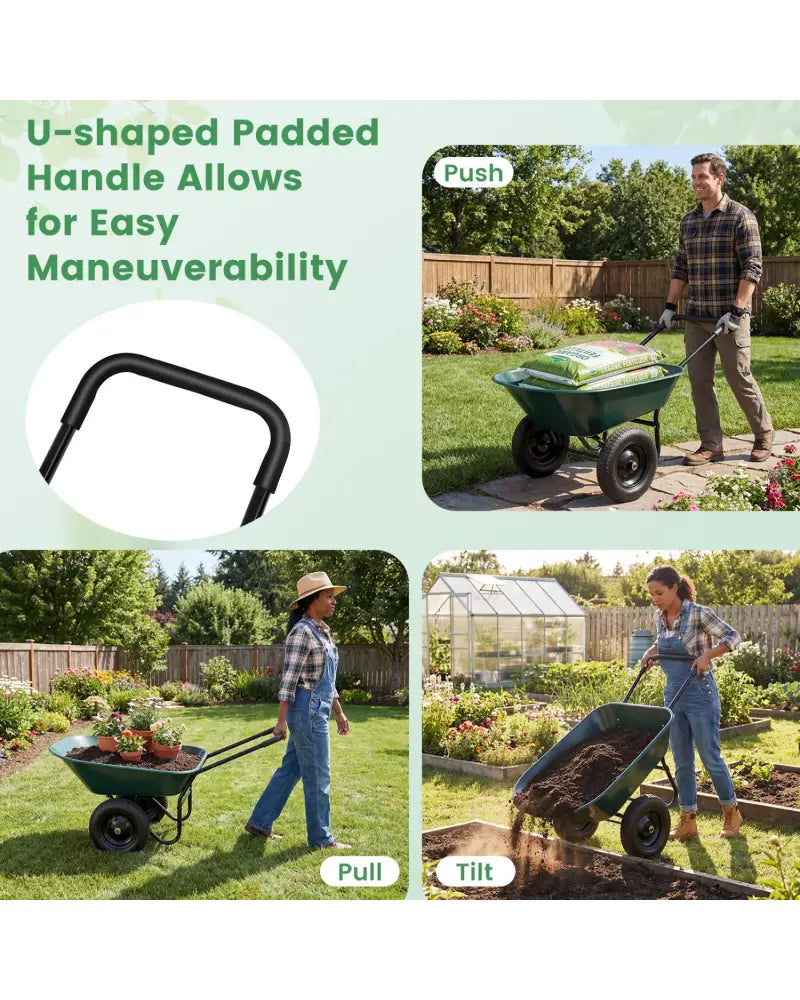 2 Tire Wheelbarrow Garden Cart Heavy-duty Dolly Utility Cart-Green - Green - Garden Carts