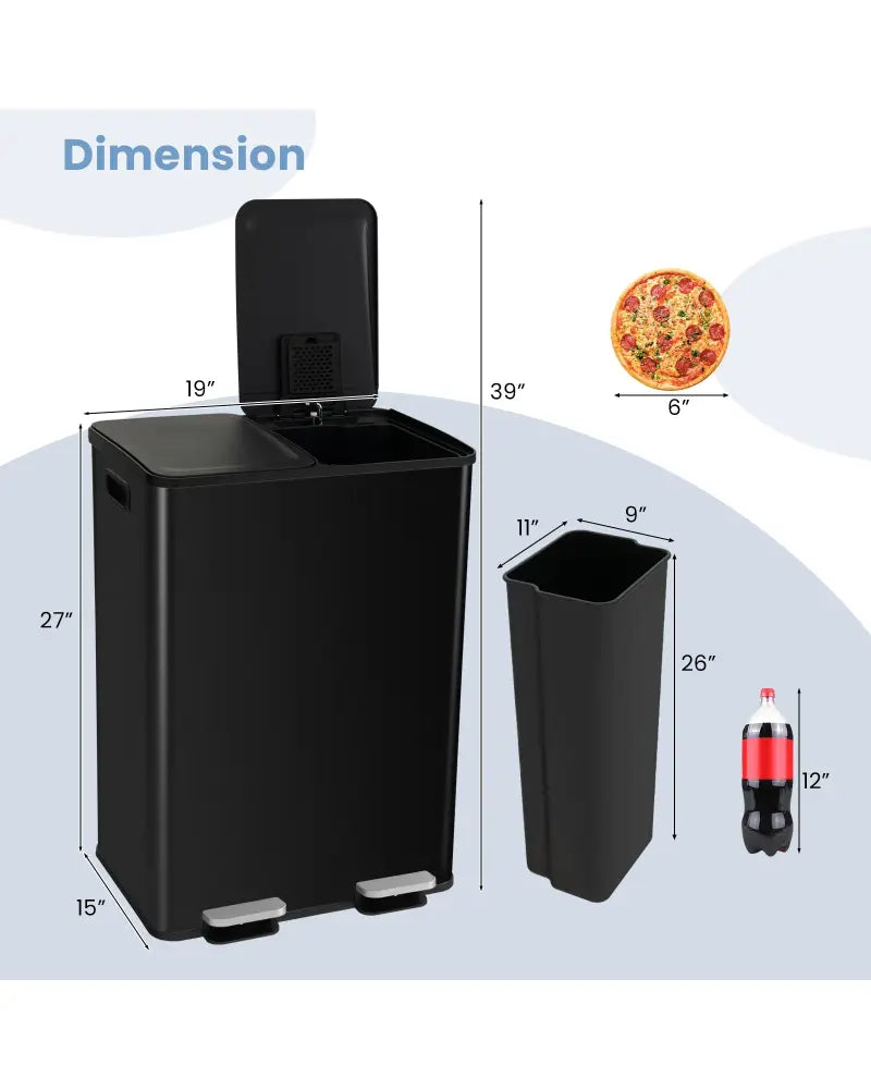 2 x 8 Gal Dual Compartment Trash Can-Black - Black - Kitchen Trash Cans
