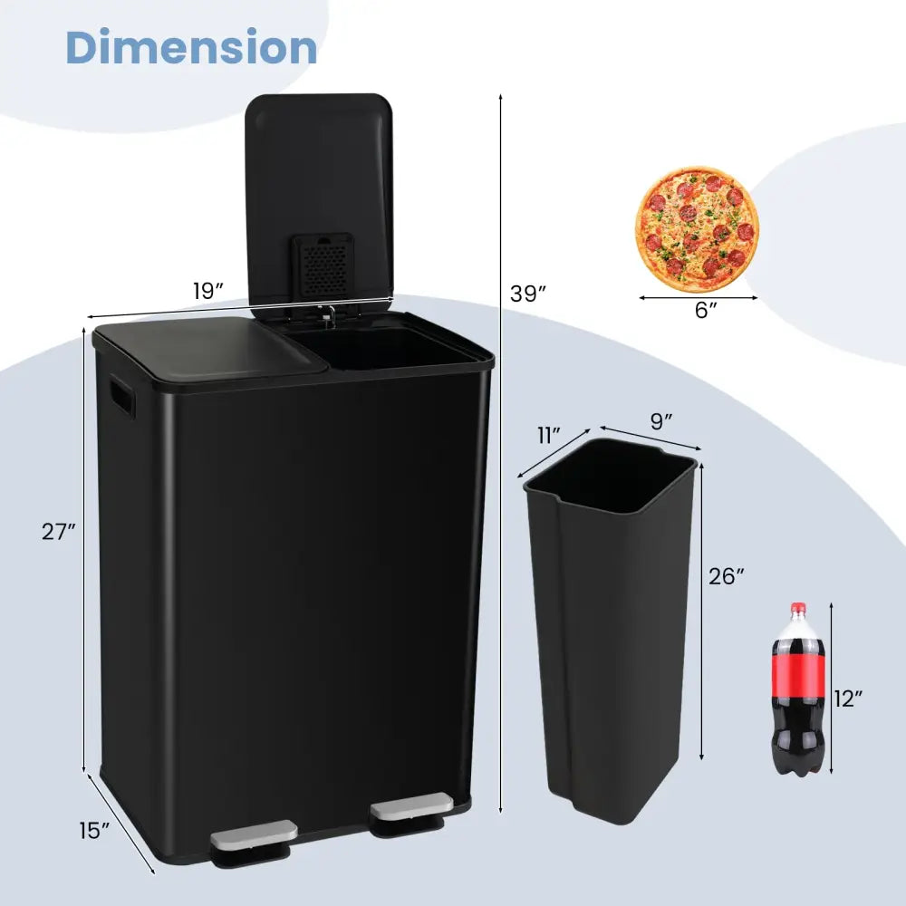 2 x 8 Gal Dual Compartment Trash Can-Black - Black - Kitchen Trash Cans