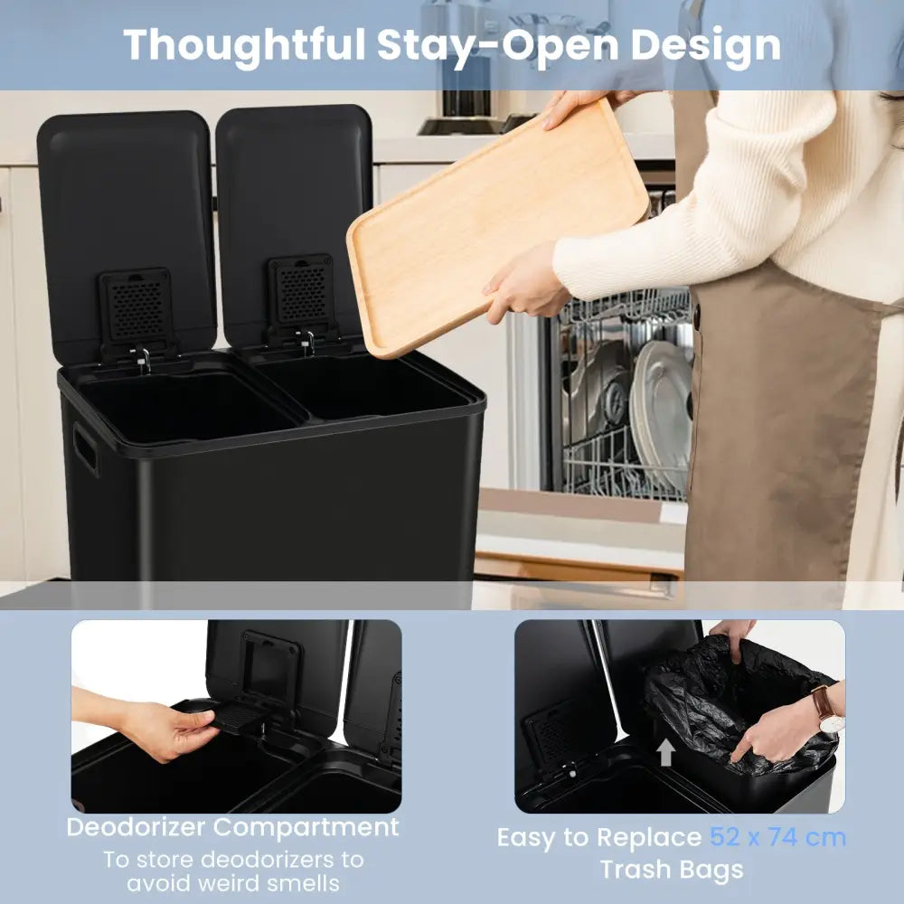 2 x 8 Gal Dual Compartment Trash Can-Black - Black - Kitchen Trash Cans
