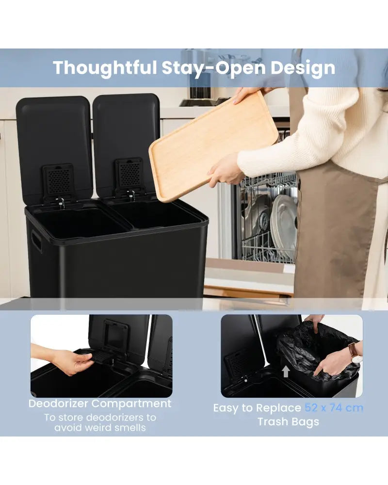 2 x 8 Gal Dual Compartment Trash Can-Black - Black - Kitchen Trash Cans