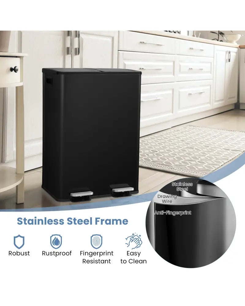 2 x 8 Gal Dual Compartment Trash Can-Black - Black - Kitchen Trash Cans