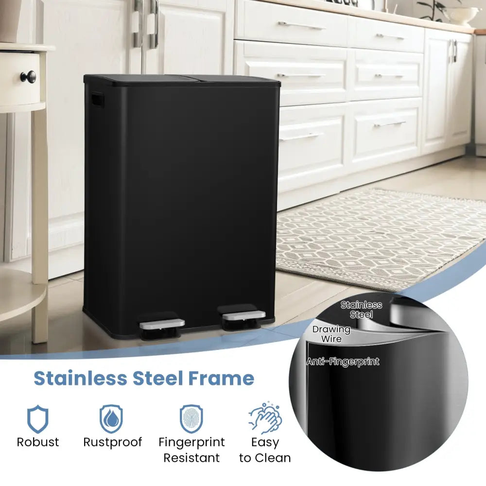2 x 8 Gal Dual Compartment Trash Can-Black - Black - Kitchen Trash Cans