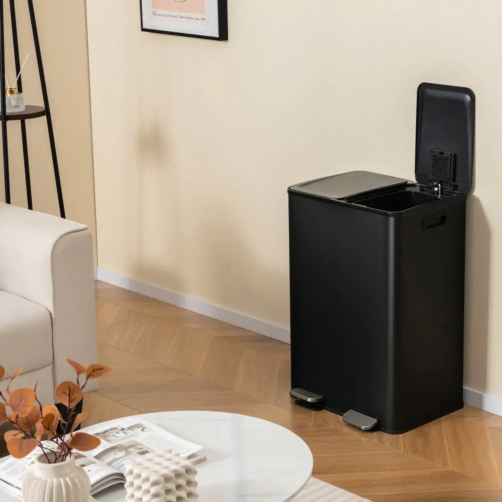 2 x 8 Gal Dual Compartment Trash Can-Black - Black - Kitchen Trash Cans