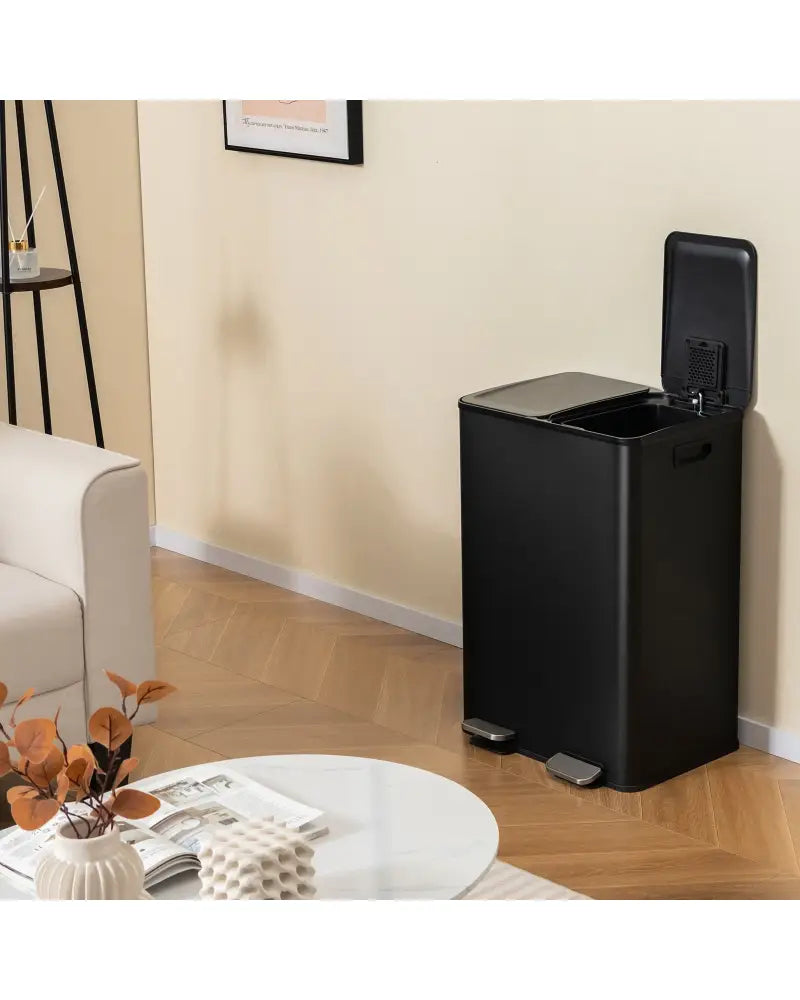 2 x 8 Gal Dual Compartment Trash Can-Black - Black - Kitchen Trash Cans