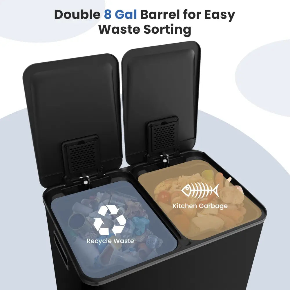 2 x 8 Gal Dual Compartment Trash Can-Black - Black - Kitchen Trash Cans