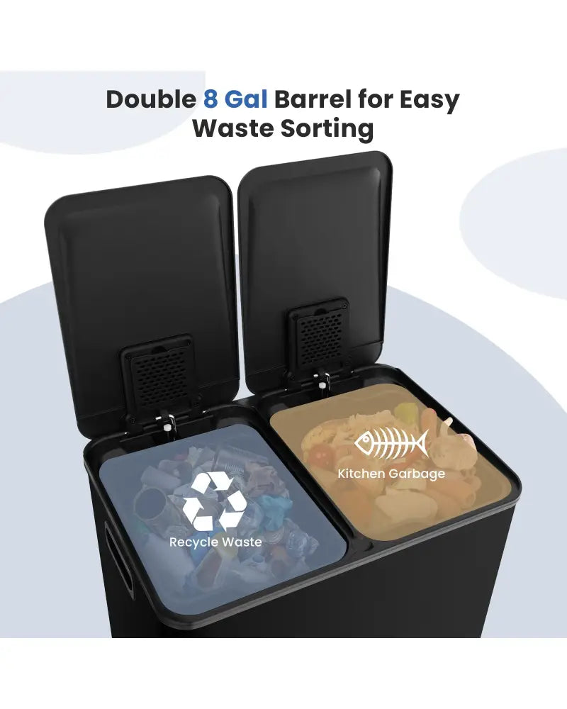 2 x 8 Gal Dual Compartment Trash Can-Black - Black - Kitchen Trash Cans