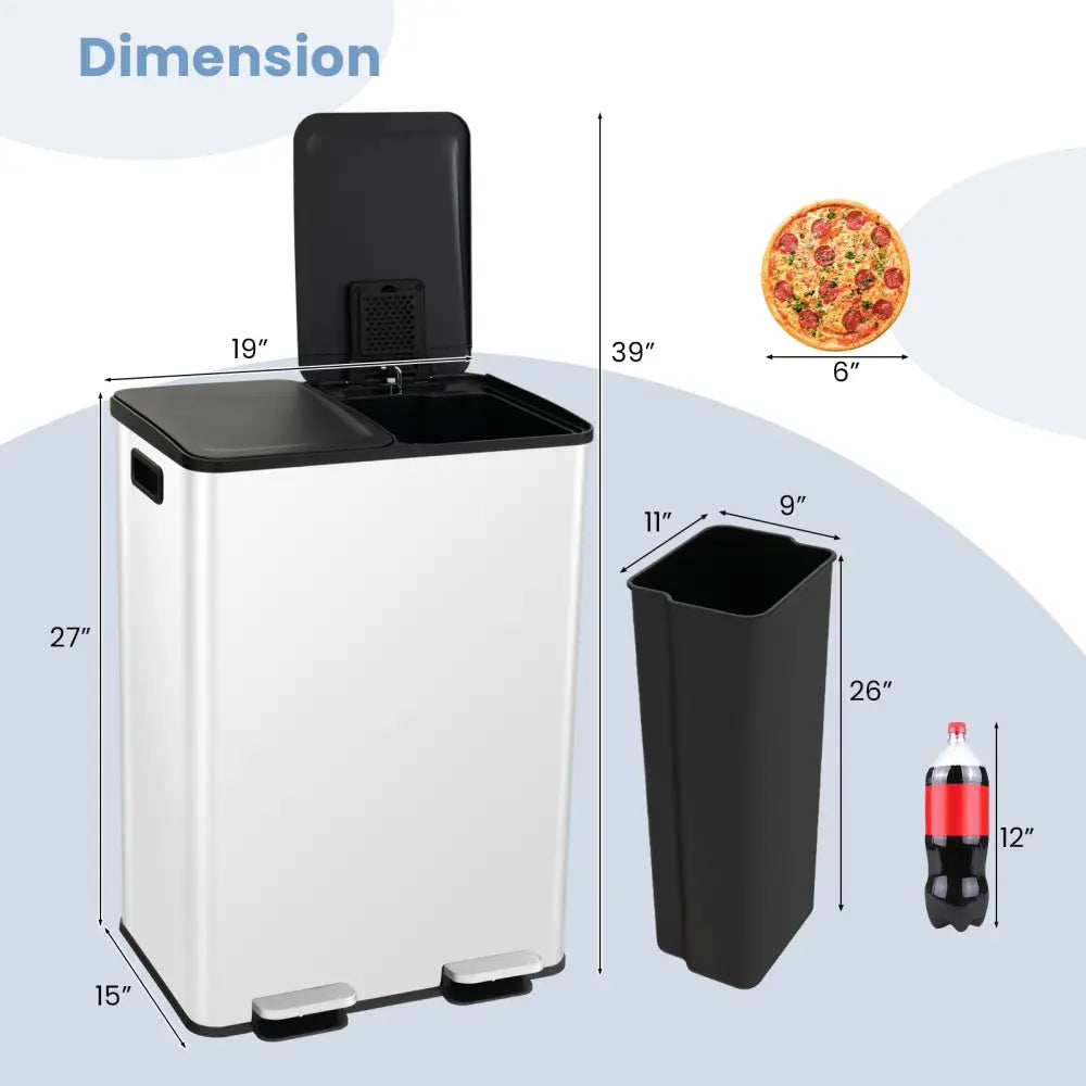 2 x 8 Gal Dual Compartment Trash Can-White - White - Kitchen Trash Cans