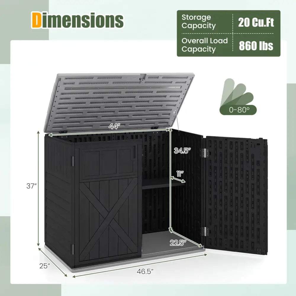 20 Cu.Ft Horizontal Resin Storage Shed with Adjustable Shelf-Black - Black - Sheds & Outdoor Storage