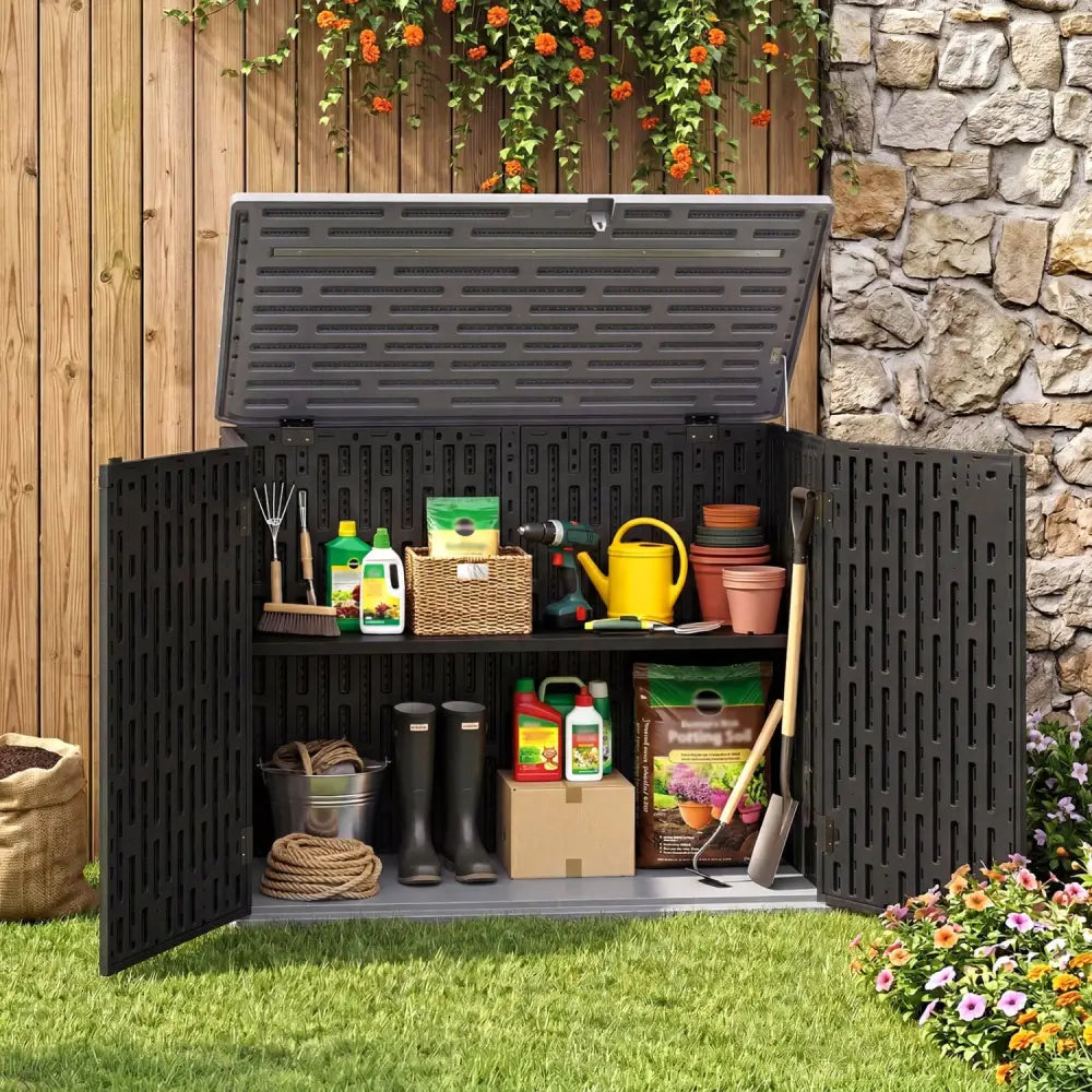 20 Cu.Ft Horizontal Resin Storage Shed with Adjustable Shelf-Black - Black - Sheds & Outdoor Storage