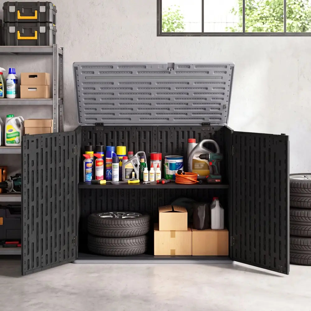 20 Cu.Ft Horizontal Resin Storage Shed with Adjustable Shelf-Black - Black - Sheds & Outdoor Storage