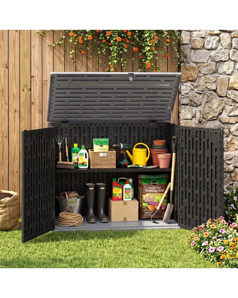 20 Cu.Ft Horizontal Resin Storage Shed with Adjustable Shelf-Black - Black - Sheds & Outdoor Storage