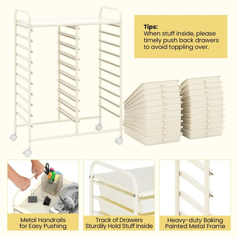 20 Drawers Rolling Storage Cart Studio Organizer-Beige - Beige - File Cabinets
