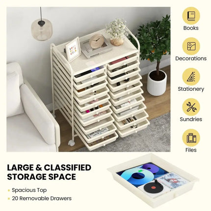 20 Drawers Rolling Storage Cart Studio Organizer-Beige Costway