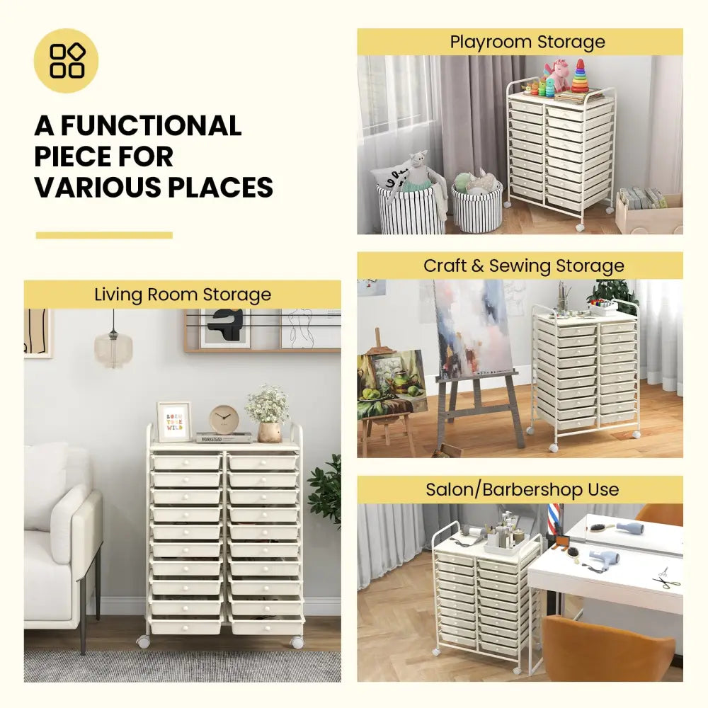 20 Drawers Rolling Storage Cart Studio Organizer-Beige - Beige - File Cabinets