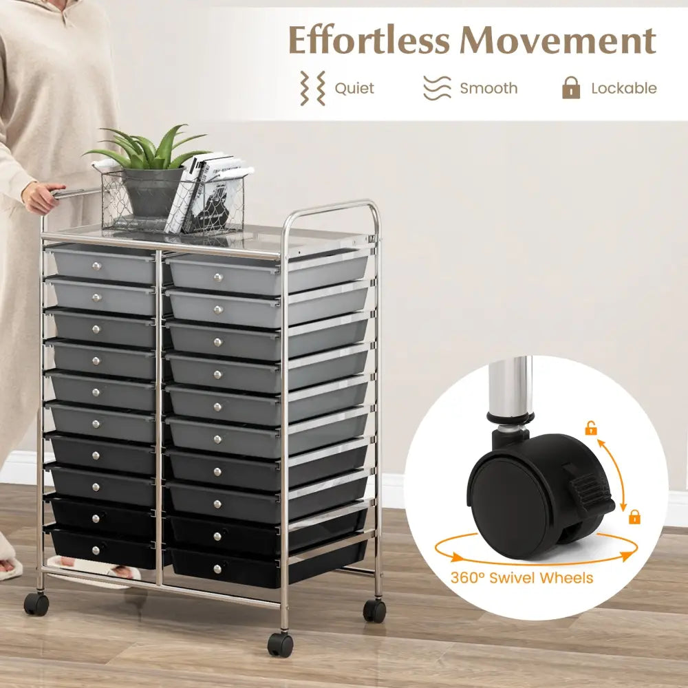 20 Drawers Rolling Storage Cart Studio Organizer-Black & Gray - Black & Gray - File Cabinets