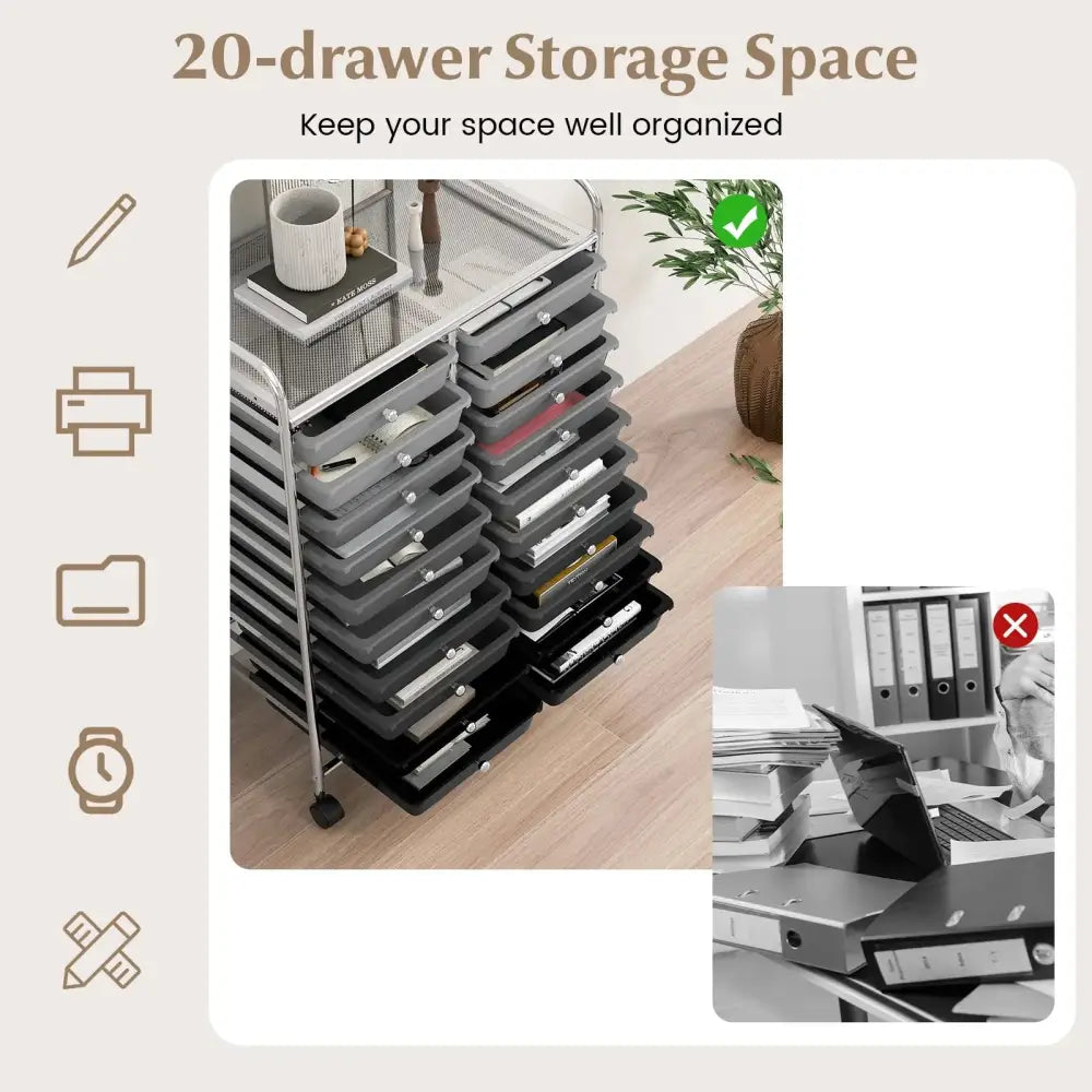 20 Drawers Rolling Storage Cart Studio Organizer-Black & Gray Costway