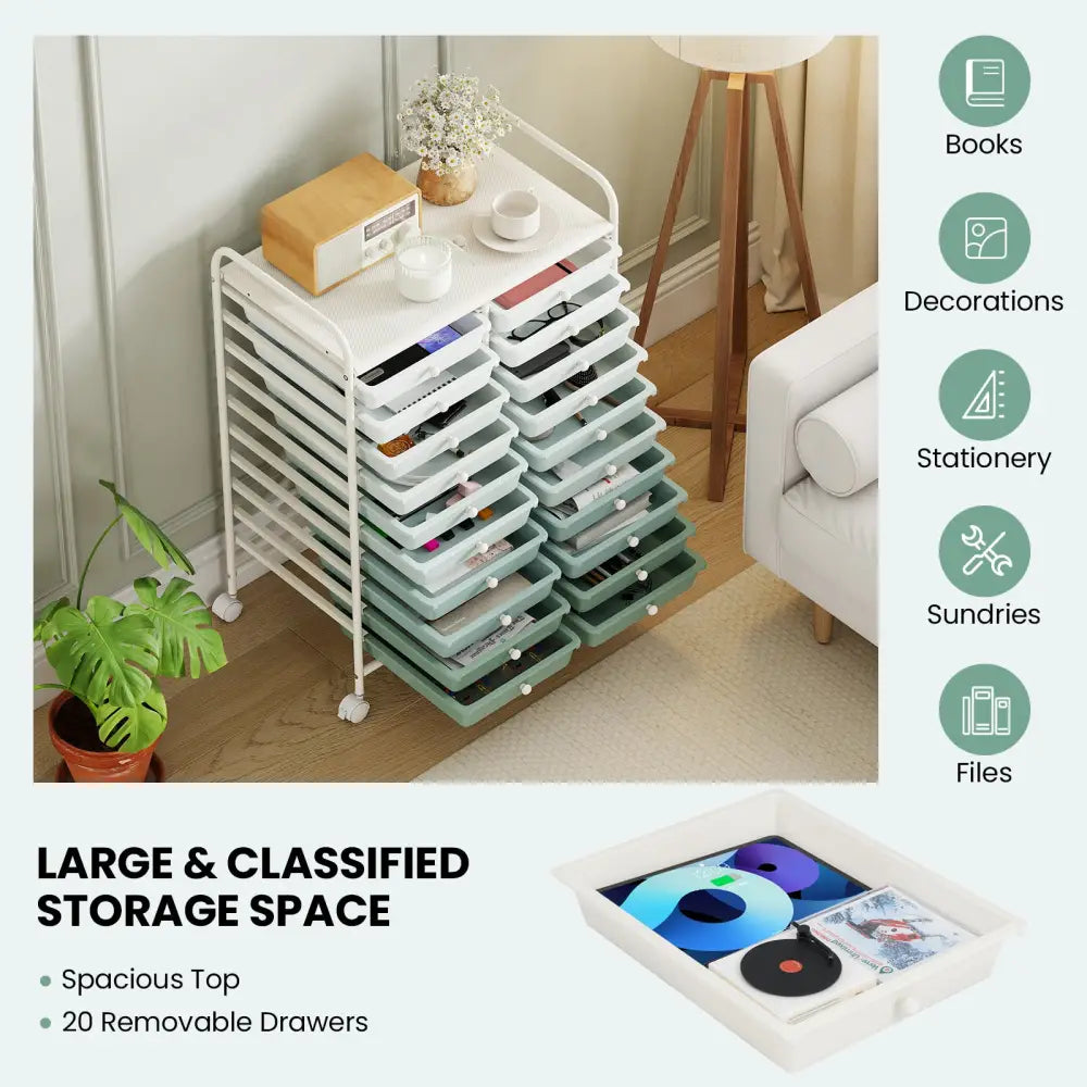 20 Drawers Rolling Storage Cart Studio Organizer-Gardient Green - Light Green - File Cabinets
