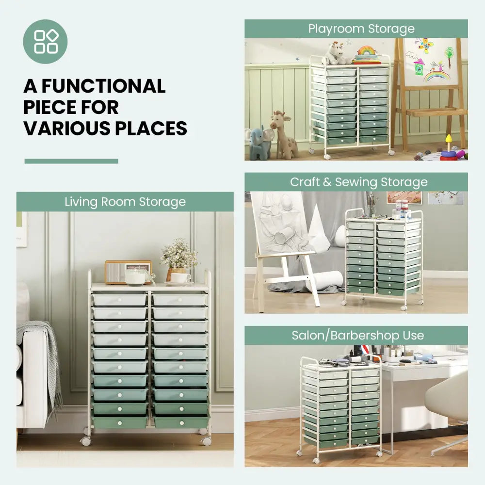 20 Drawers Rolling Storage Cart Studio Organizer-Gardient Green - Light Green - File Cabinets