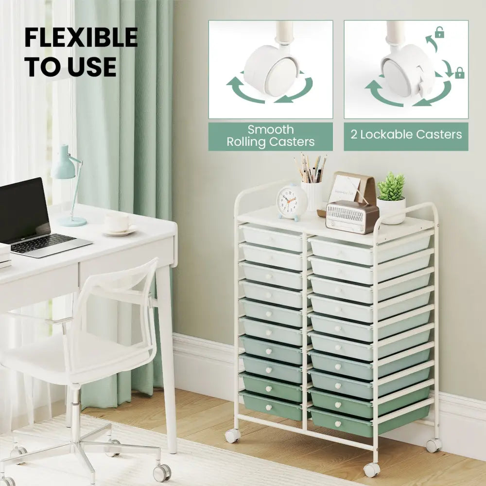 20 Drawers Rolling Storage Cart Studio Organizer-Gardient Green - Light Green - File Cabinets