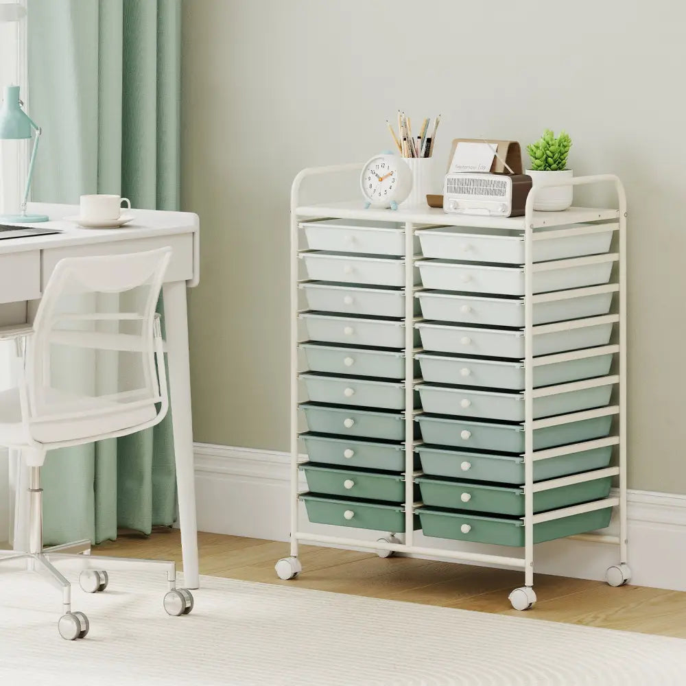 20 Drawers Rolling Storage Cart Studio Organizer-Gardient Green - Light Green - File Cabinets