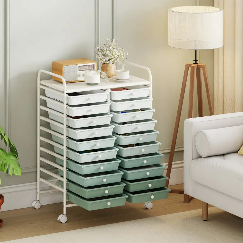 20 Drawers Rolling Storage Cart Studio Organizer-Gardient Green - Light Green - File Cabinets