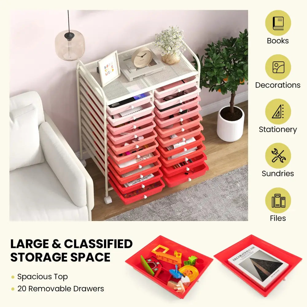 20 Drawers Rolling Storage Cart Studio Organizer-Gradient Pink - Gradient Pink - File Cabinets
